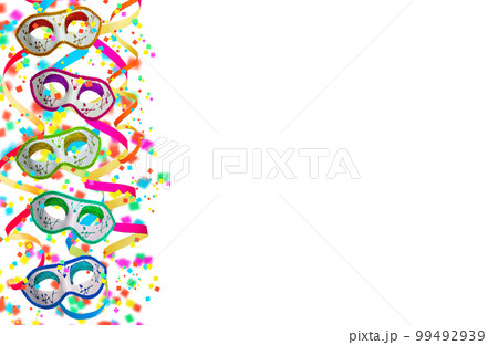 Festive overlay. Colorful explosion of confetti and curly paper ribbons with colored carnival mask. Multicolored party decorations. White background. Festive overlay. Colorful explosion of confetti and curly paper ribbons with colored carnival mask. Multicolored party decorations. White background. 99492939