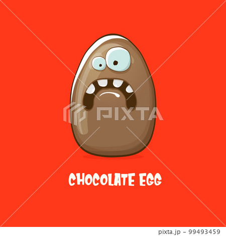 Cartoon chocolate easter egg cartoon characters isolated on red background. My name is egg vector concept illustration. funky sweet chocolate easter egg character with eyes and mouth Cartoon chocolate easter egg cartoon characters isolated on red background. My name is egg vector concept illustration. funky sweet chocolate easter egg character with eyes and mouth 99493459