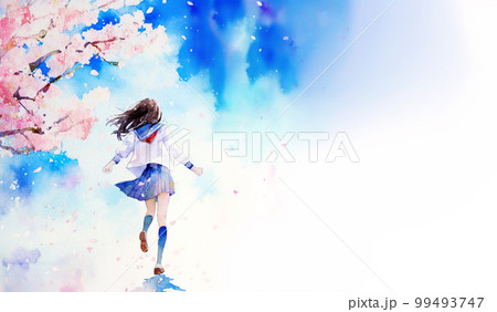 桜と青空を背景にしたセーラー服の女の子の水彩イラスト／AI画像 99493747
