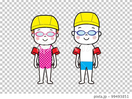 Children wearing swimming caps, arm helpers and goggles Children wearing swimming caps, arm helpers and goggles 99493851