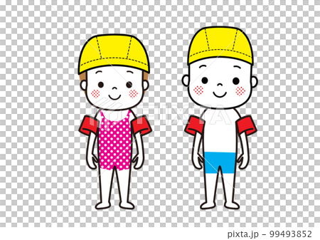 Arm helpers, children in swimsuits wearing swimming caps, men and women 99493852