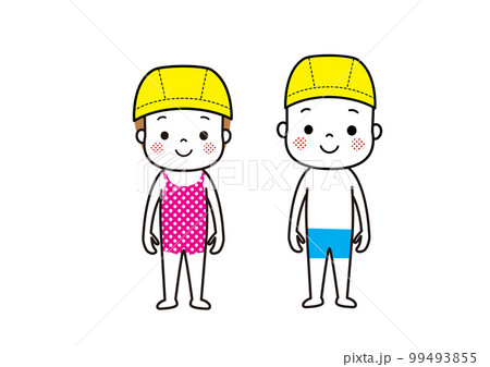 スイミングキャップを被った水着姿の子どもたち スイミングキャップを被った水着姿の子どもたち 99493855