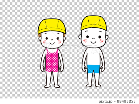 スイミングキャップを被った水着姿の子どもたち スイミングキャップを被った水着姿の子どもたち 99493855