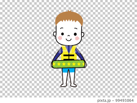 ラッシュガード、ライフジャケット、浮き輪を身に着けた男の子 99493864