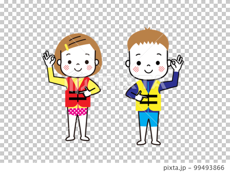 ラッシュガードとライフジャケットを着用した子どもたち 水難事故防止 ラッシュガードとライフジャケットを着用した子どもたち 水難事故防止 99493866