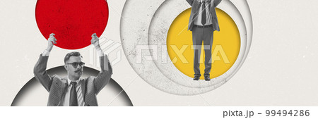 Contemporary art collage. Conceptual design. Innovations. Businessman with serious face holding abstract circles over light background 99494286