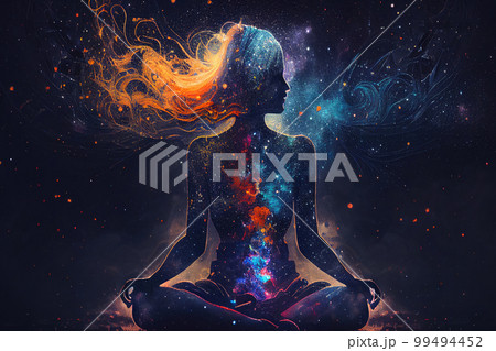 Woman silhouette meditating on cosmic background. Spiritual awakening and meditation concept. Astral body afterlife. Created with Generative AI 99494452