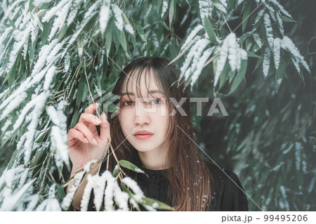 雪と自然と黒いワンピースの女性 雪と自然と黒いワンピースの女性 99495206