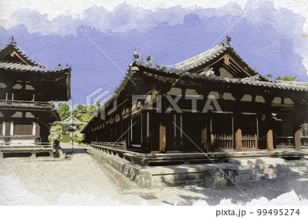 水彩画風　唐招提寺　礼堂と鼓楼　奈良県奈良市 99495274