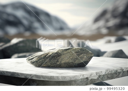 Empry marble stone podium with mountains on background. Empty background for product presentation, mockup. Generative Ai image Empry marble stone podium with mountains on background. Empty background for product presentation, mockup. Generative Ai image 99495320