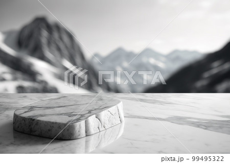 Empry marble stone podium with mountains on background. Empty background for product presentation, mockup. Generative Ai image 99495322