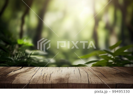 Empty wooden surface with blurred rainforest on background. Product background. Generative Ai image 99495330