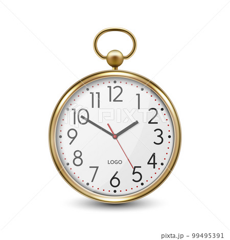 Vector 3d Realistic Simple Round Metal Yellow Golden Wall Office Clock with White Dial Icon Closeup Isolated on White Background. Design Template, Mock-up for Branding, Advertise. Front View 99495391