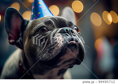 Portrait of black french bulldog dog with color polka dot party hat 99495712