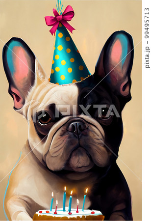 Cute dog with party hat and birthday cake with candle Cute dog with party hat and birthday cake with candle 99495713