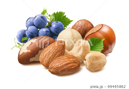 Grapes, cashew, almonds, hazelnut and brazil nuts isolated on white background 99495862