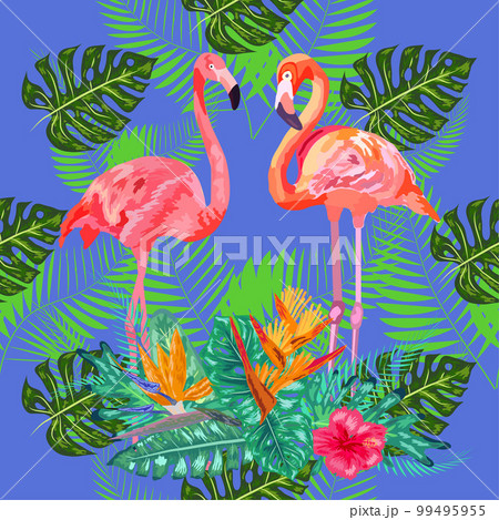 seamless floral summer pattern background with tropical palm leaves, flamingo, hibiscus. 99495955