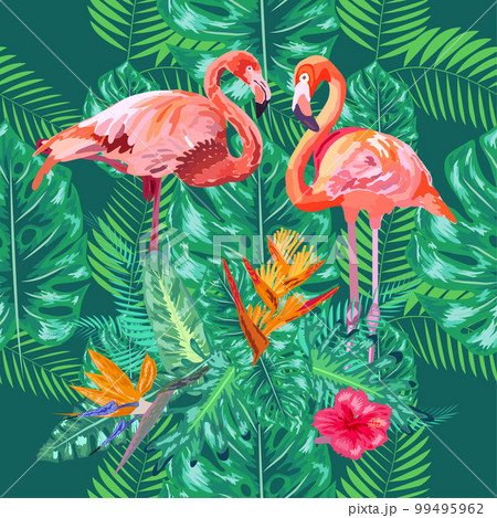 seamless floral summer pattern background with tropical palm leaves, flamingo, hibiscus. seamless floral summer pattern background with tropical palm leaves, flamingo, hibiscus. 99495962