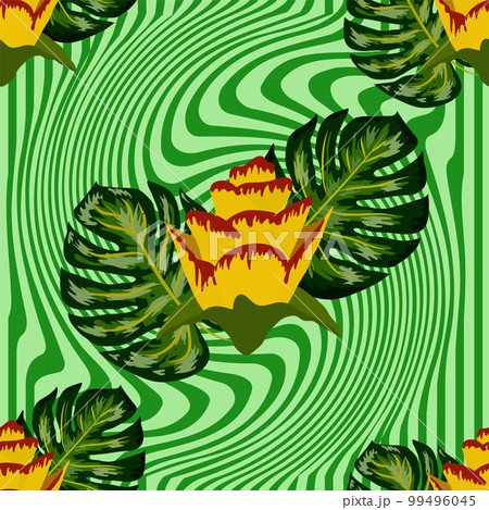 Summer seamless tropical pattern with bright yellow and pink plants and leaves. 99496045