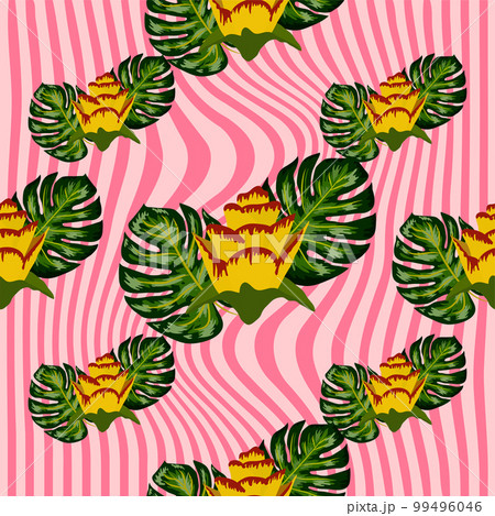 Summer seamless tropical pattern with bright yellow and pink plants and leaves. 99496046