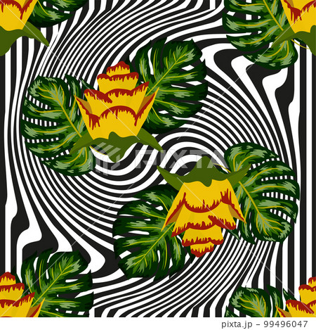 Summer seamless tropical pattern with bright yellow and pink plants and leaves. Summer seamless tropical pattern with bright yellow and pink plants and leaves. 99496047