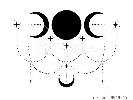 Triple Moon Religious wiccan sign. Wicca logo Neopaganism symbol, celtic boho style, Goddess icon tattoo, Goddess of the Moon, Crescent, half, full moon vector isolated on white background 99496553
