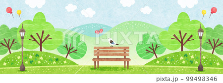 自然に囲まれた公園のベンチにとまる小鳥 新緑の水彩風景イラスト 99498346