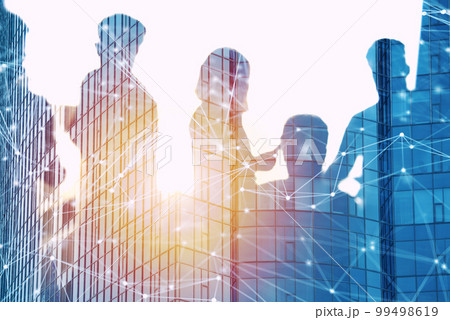 Businessmen that work together in office with network effect. Concept of teamwork and partnership. double exposure 99498619