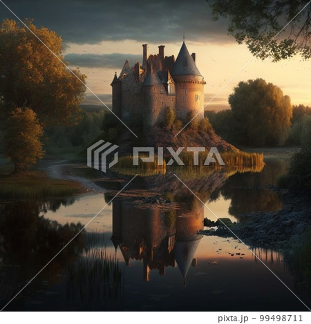 Castle by river at sunset, nice landscape in summer 99498711
