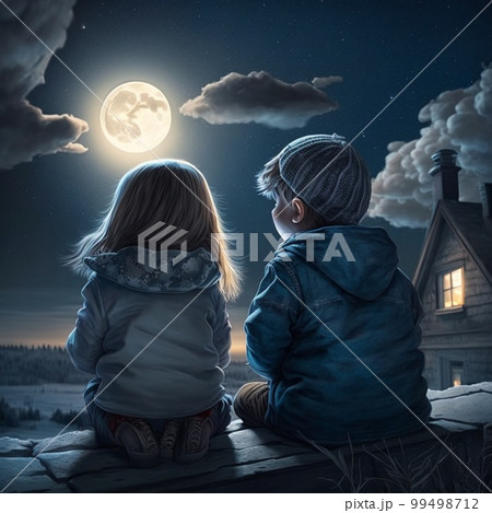 Children sitting on roof at night, little boy and girl looks at moon in sky 99498712