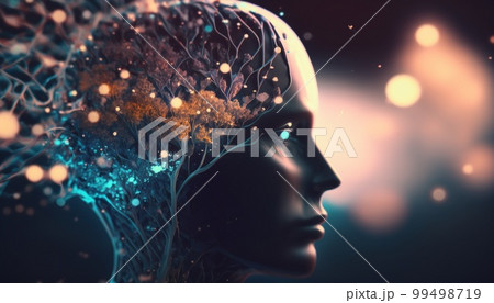 Human head with glowing neurons in the brain 99498719