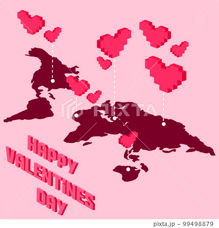 Postcard, world holiday Happy Valentines Day banner pixel art with red hearts on pink background 99498879
