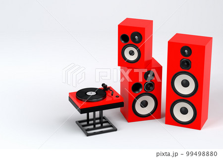 Set of Hi-fi speakers and DJ turntable for sound recording studio on white 99498880