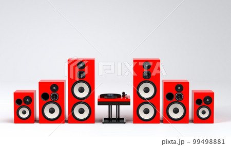 Set of Hi-fi speakers and DJ turntable for sound recording studio on white 99498881