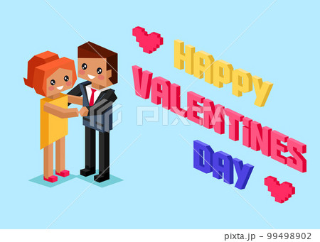 Happy Valentines Day poster in pixel art style. Love message. Pixel pink hearts and pixelated couple Happy Valentines Day poster in pixel art style. Love message. Pixel pink hearts and pixelated couple 99498902