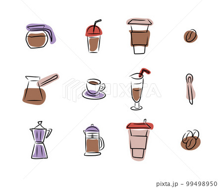 Coffee set, sketch with color spots, vector. Coffee set, sketch with color spots, vector. 99498950
