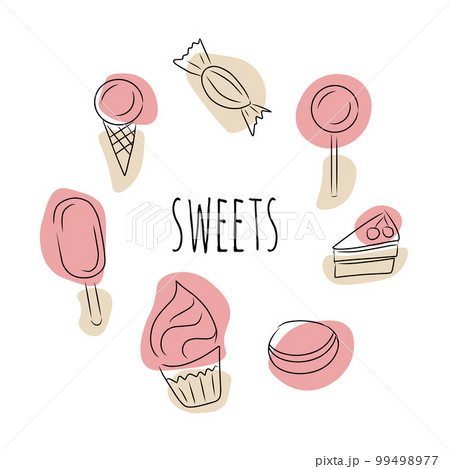 Sweets, vector set. Hand drawn sketch and colored spots. Sweets, vector set. Hand drawn sketch and colored spots. 99498977