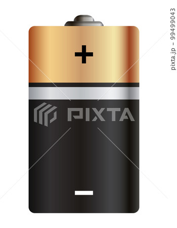 Battery. Glossy gold and black realistic alkaline or rechargeable battery. Design blank mockup template for branding. Vector graphic element, isolated on white 99499043