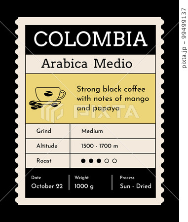 Coffee label mockup. Food package cover design. Caffeine roasted beans packaging. Vintage pack label emblem with minimalistic graphic grid layout. Vector brand tag 99499137