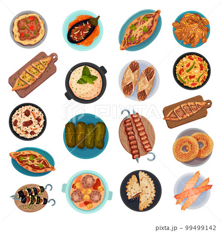 Turkish National Food Served on Plate Above View Big Vector Set 99499142