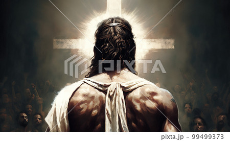 Jesus, dressed in a white robe, with his back turned to the viewer 99499373