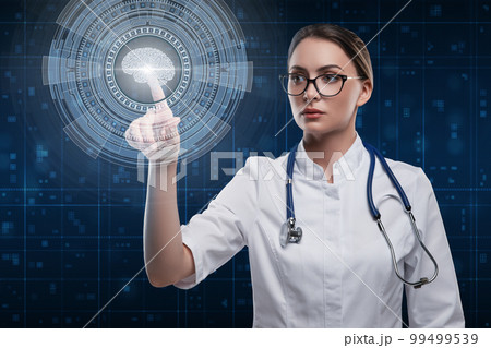 Woman doctor pointing hud futuristic interface. Brain examination concept Woman doctor pointing hud futuristic interface. Brain examination concept 99499539