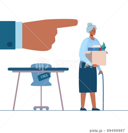 Retirement. Fired african person leaves the office with a box in his hands. Black woman without work. Vector, flat. Dismissed employee, unemployment. Job loss due to crisis, robotics, economic decline 99499997