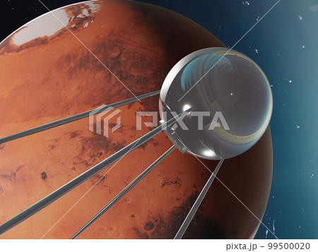 Satellite one near the Mars planet of solar system in outer space. 3D rendered illustration. Satellite one near the Mars planet of solar system in outer space. 3D rendered illustration. 99500020