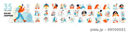 Online shopping and electronic commerce illustrations set - modern flat vector concept illustration of people and objects on online shopping. Promotion, discounts, sale and online orders concept 99500081