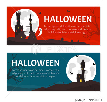 Banner with Scary Halloween House with Ghost and Bats Vector Template Banner with Scary Halloween House with Ghost and Bats Vector Template 99500318