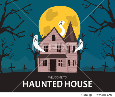 Banner with Scary Halloween House with Ghost and Bats Vector Template 99500320