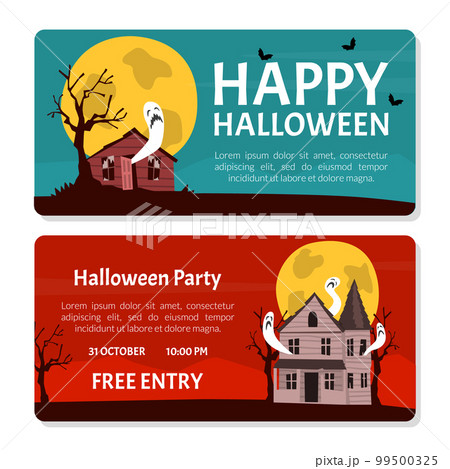 Banner with Scary Halloween House with Ghost and Bats Vector Template 99500325