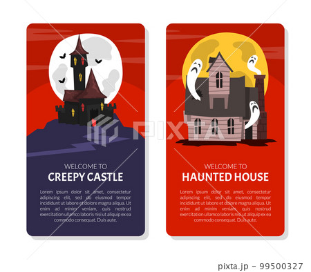 Banner with Scary Halloween House with Ghost and Bats Vector Template 99500327