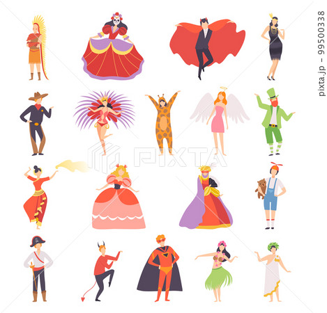 Man and Woman Character Wearing Carnival or Party Garment Big Vector Set 99500338